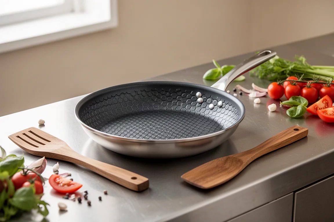 Frying pan with hexagonal textured surface on a kitchen counter beside ingredients