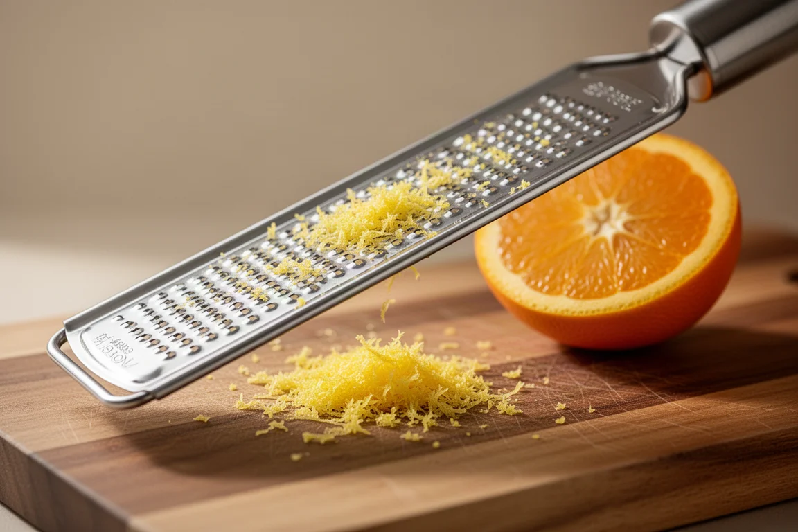 Fine grater zesting citrus over a chopping board with bright zest visible