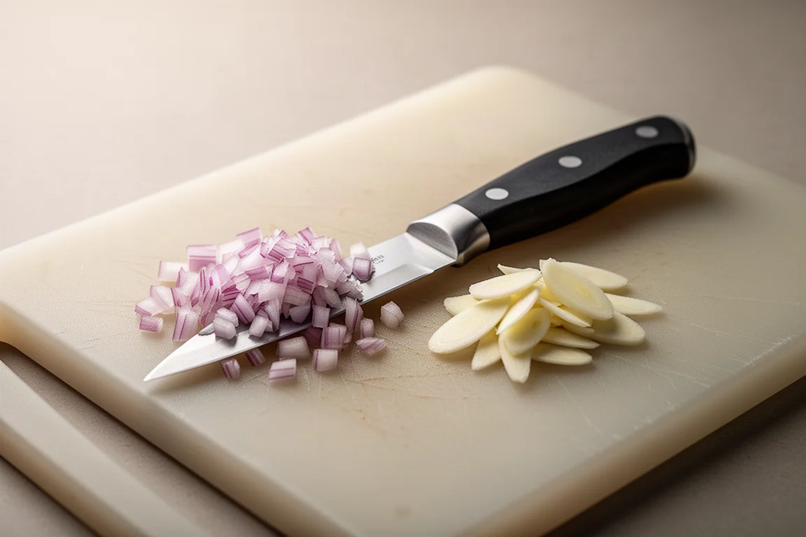 Freihändige Szene mit einem kleinen Messer neben fein gewürfelten Schalotten