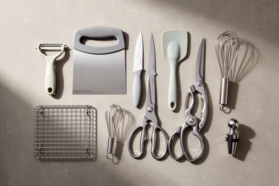 Eight small kitchen gadgets arranged on a concrete surface