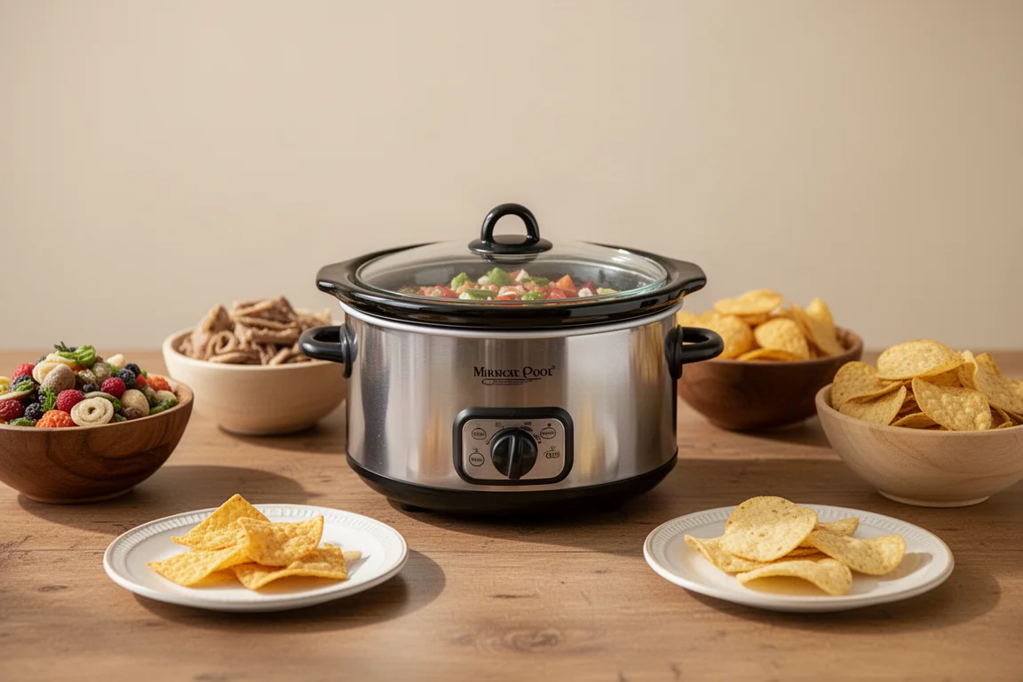 Mini-Slow-Cooker mit Dips und Snacks für eine kleine Party arrangiert
