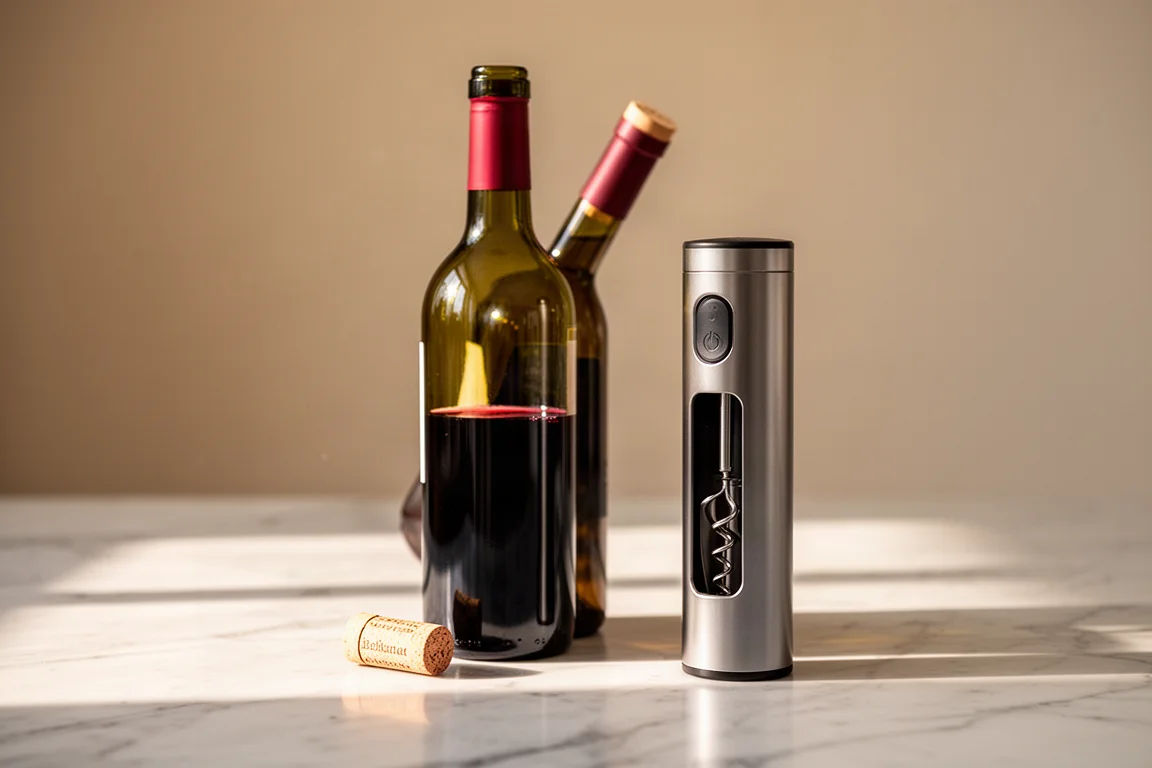 Geöffnete Flasche Rotwein neben einem elektrischen Korkenzieher auf einer Arbeitsplatte