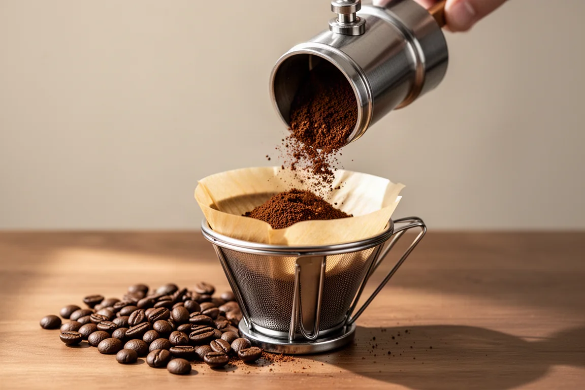 Frisch gemahlener Kaffee wird aus einem Mähler in einen Filterkorb geschüttet