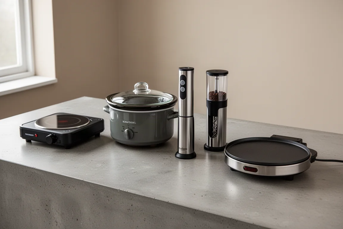 Five small kitchen appliances lined up on a concrete kitchen counter