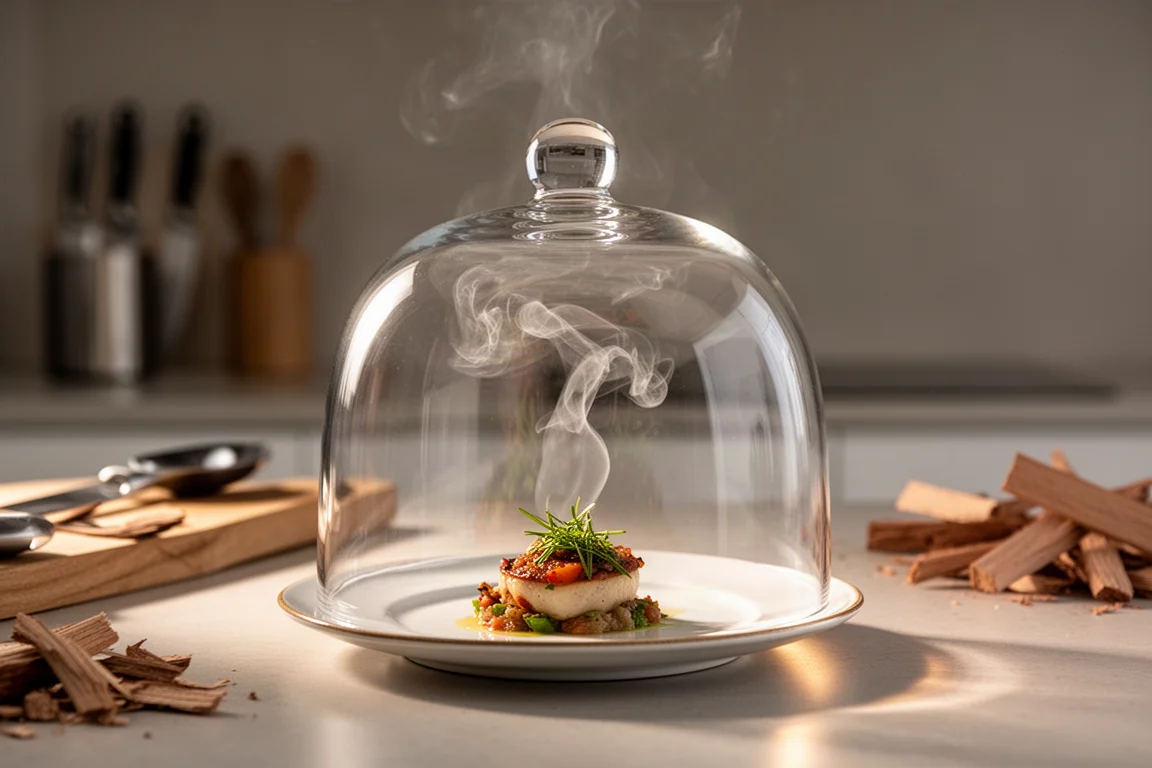 Uno chef impiatta un piatto accanto a una campana di vetro riempita di fumo visibile