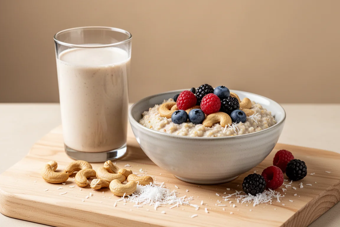 Latte vegetale fresco versato in un bicchiere con frutti secchi sparsi su un tagliere di legno