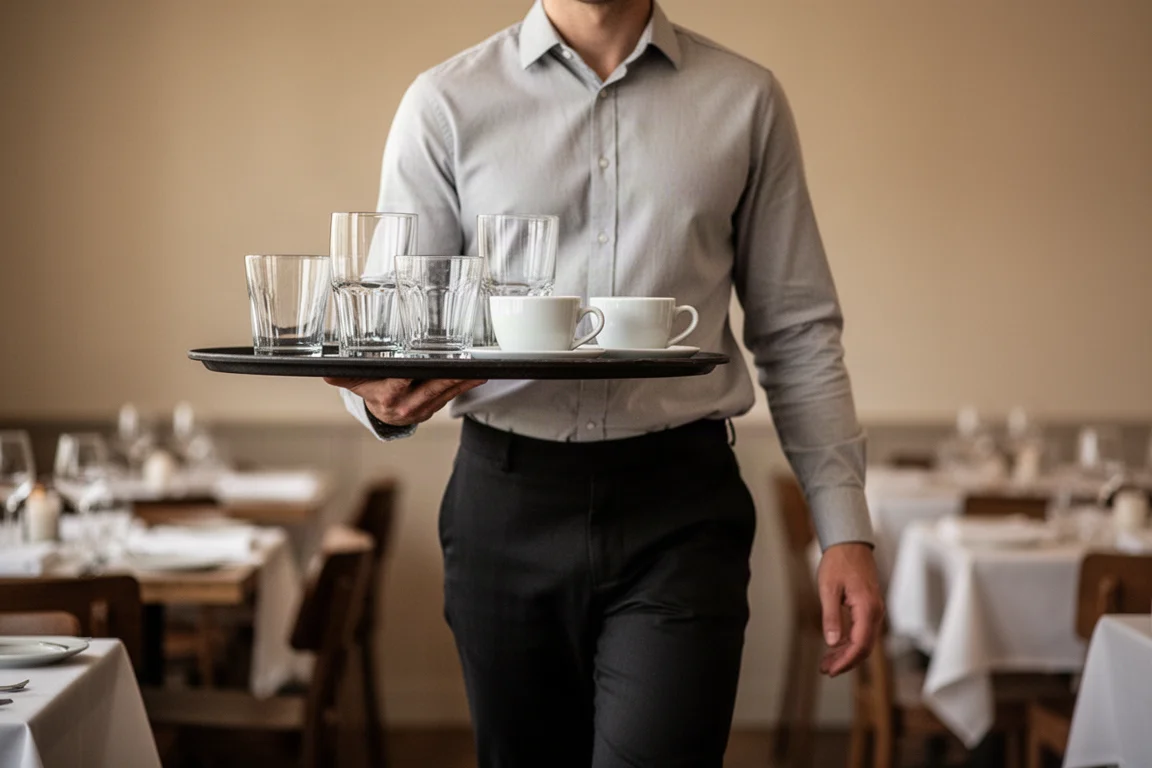 Un cameriere porta un vassoio con diverse bevande attraverso un ristorante affollato