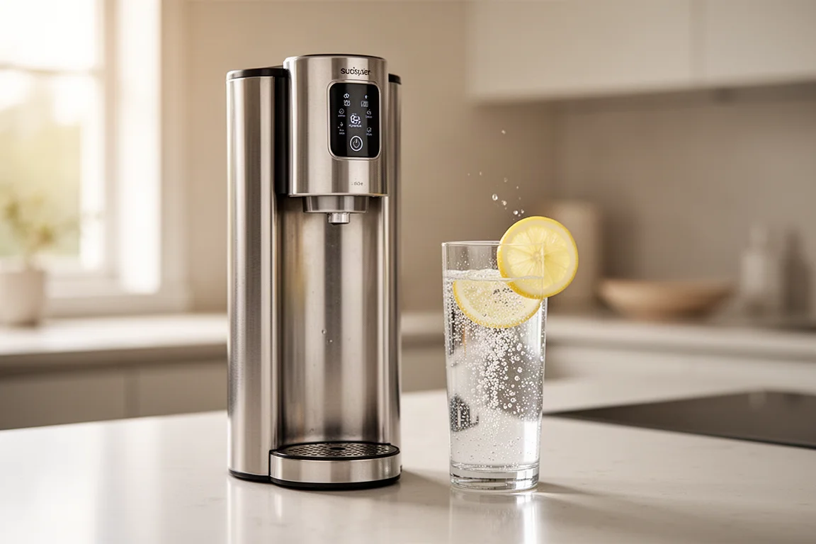 Macchina per bibite domestica su un piano di lavoro con un bicchiere di acqua frizzante