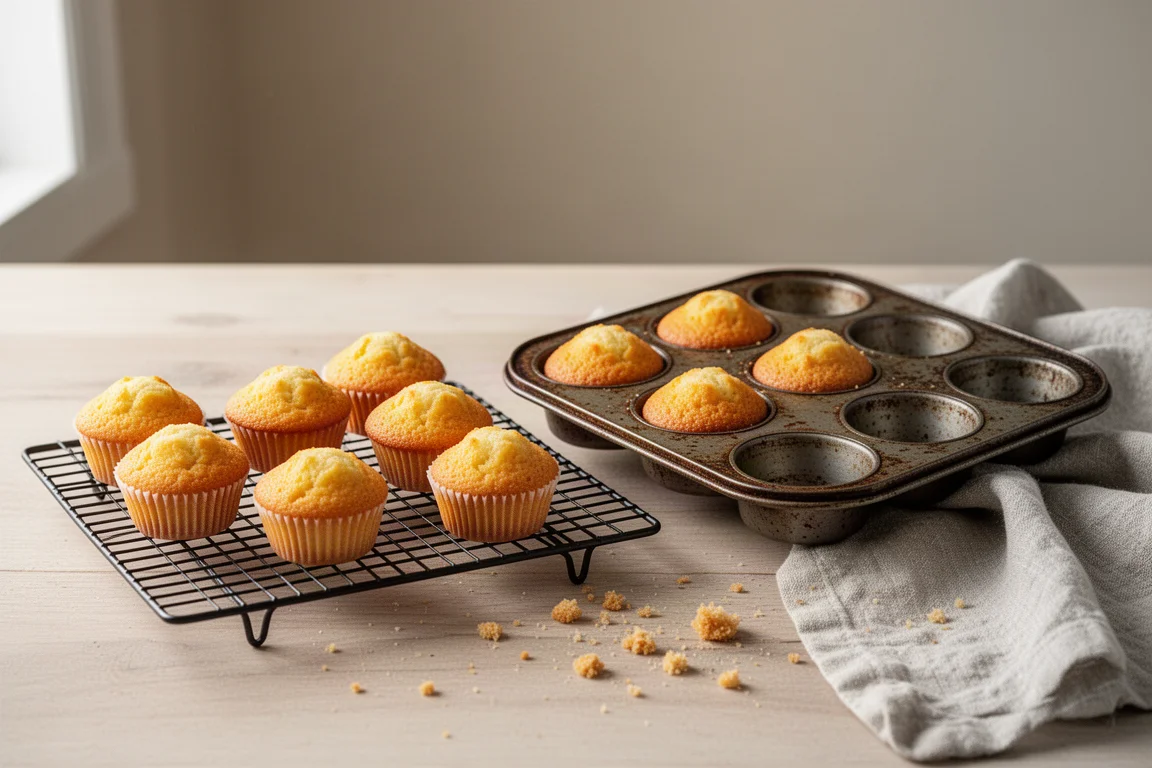 Mini muffin dorati che si raffreddano su una gratella accanto a uno stampo da forno