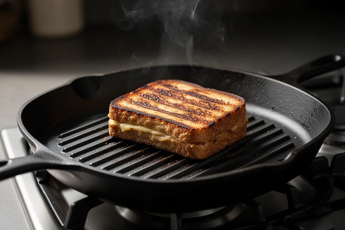 Padella grill in ghisa con segni di tostatura su un panino appoggiata sul piano cottura