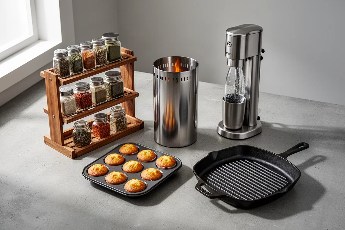 Kitchen gear collection including spice rack, soda maker, muffin pan, and cast iron grill pan on a concrete surface