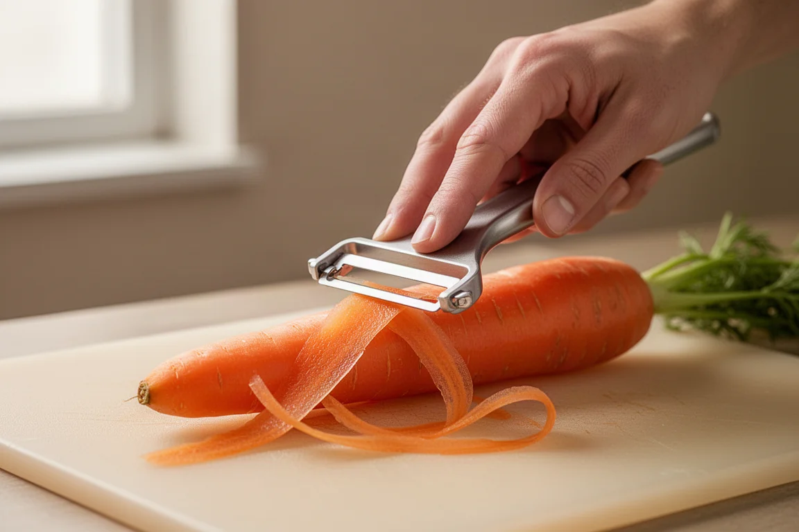 Hands peeling a carrot with thin, even strips falling away