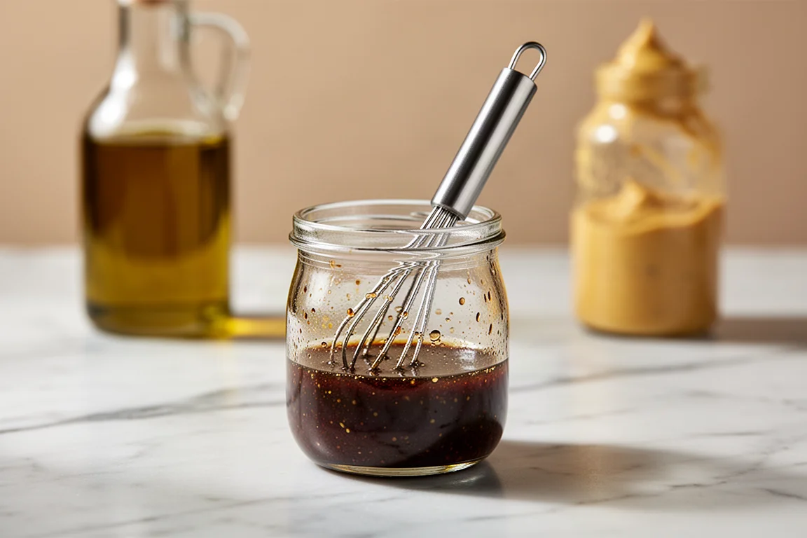 Small whisk mixing vinaigrette inside a glass jar