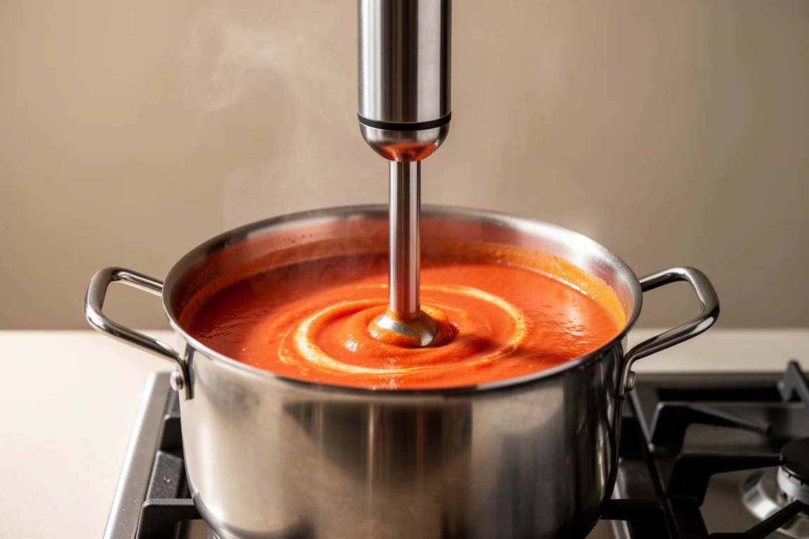Soup being pureed smooth directly in a pot