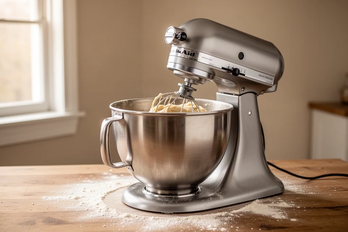 Baker kneading stiff dough in an open-bowl stand mixer