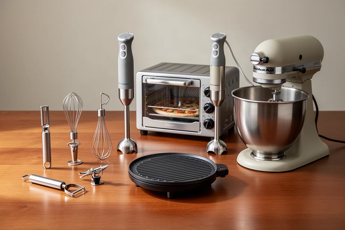 A collection of seven kitchen tools arranged on a warm wooden surface