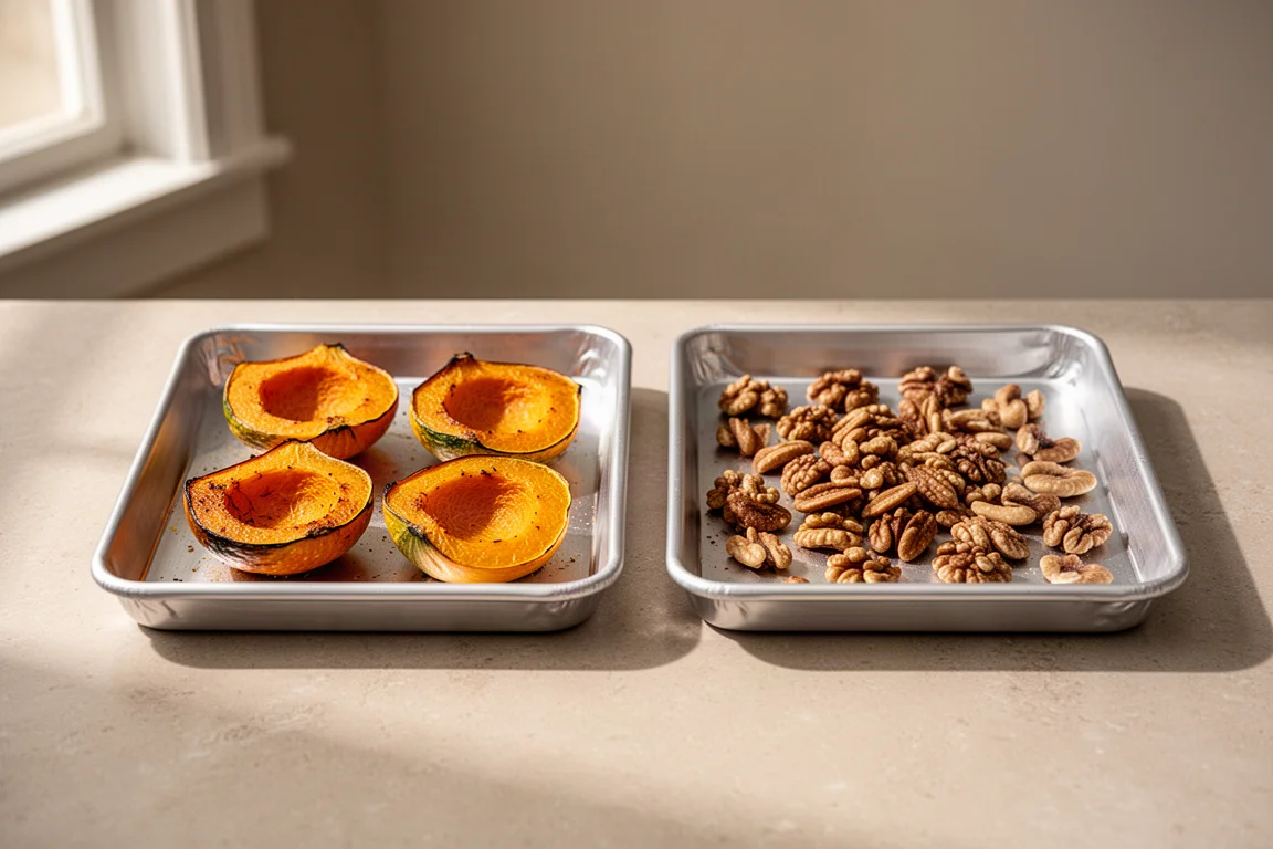 Small aluminum sheet pans holding roasted vegetables on a kitchen counter
