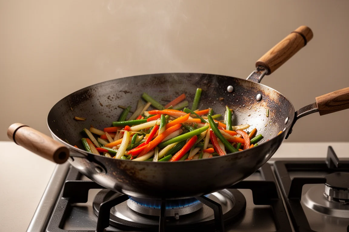 Stir fry vegetables tossing in a carbon steel wok over high heat