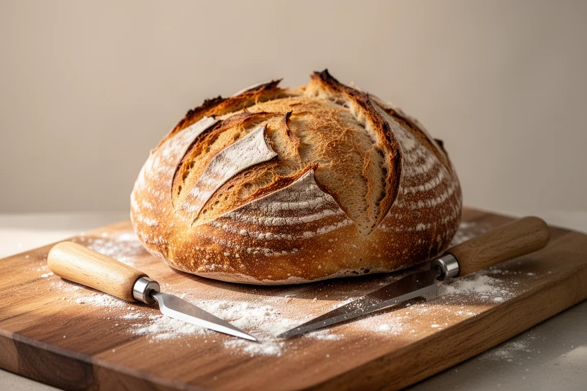 Sourdough loaf with decorative scoring on a wooden board