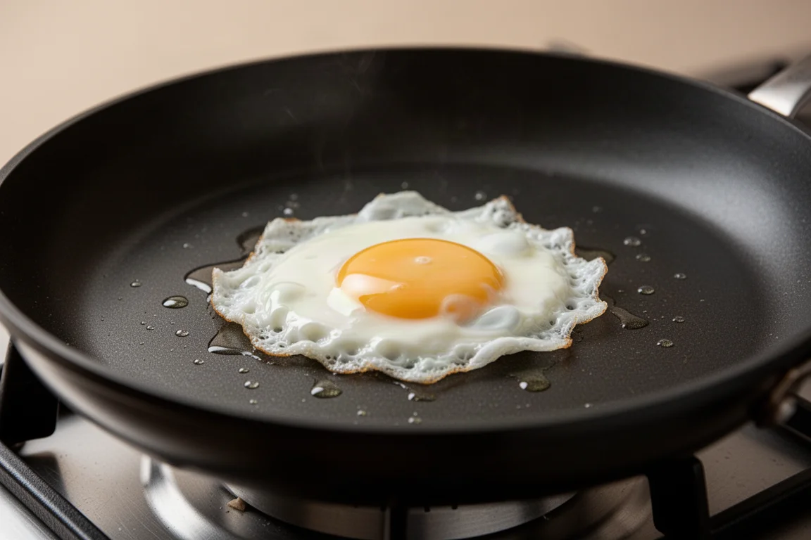 Egg sliding cleanly across a non-stick skillet surface
