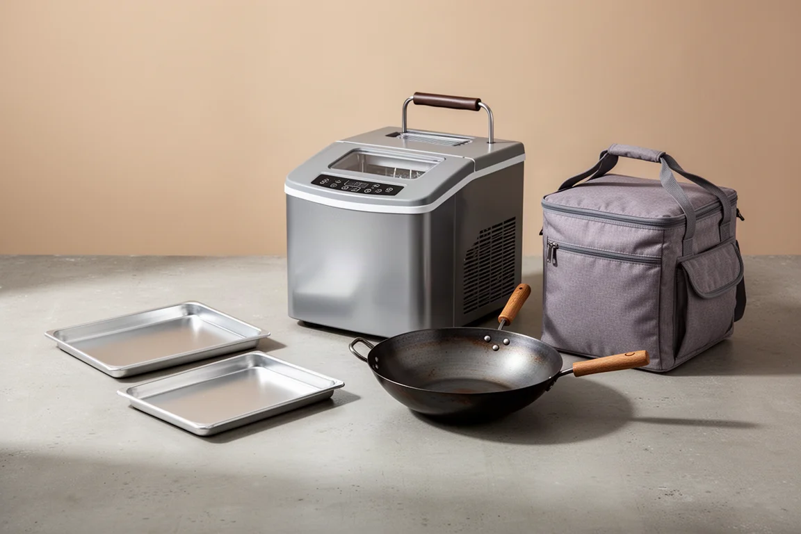 Lineup of sheet pans, a wok, an ice maker, and a soft cooler on a concrete surface