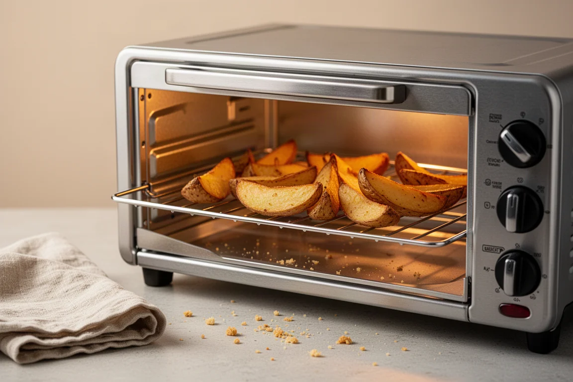 Air-Fryer-Standofen, der goldene Kartoffelspalten auf einem Gitterrost knusprig macht