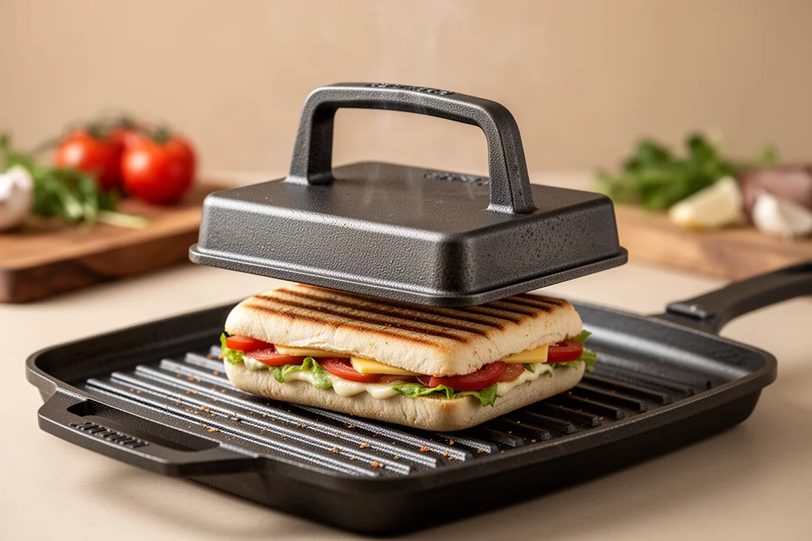 Schwere Grillpresse, die ein Sandwich auf einer heißen geriffelten Grillpfanne andrückt