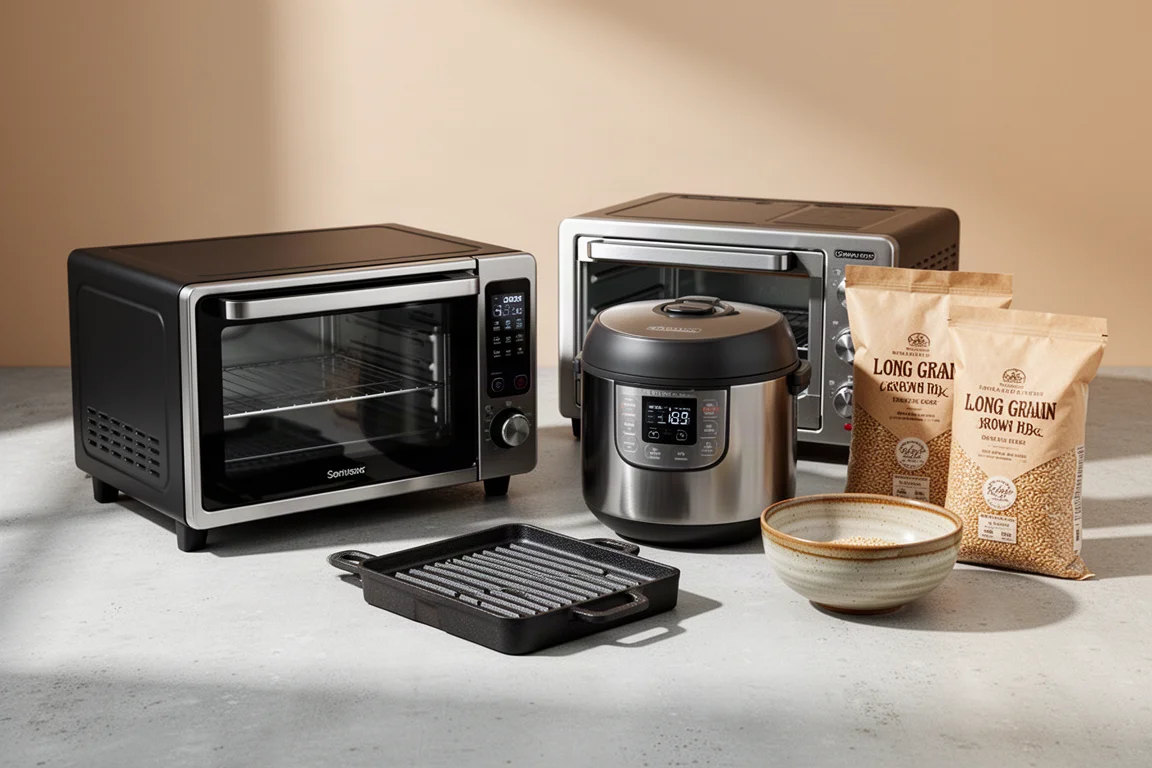 Countertop ovens, rice cooker, cast iron grill press and bags of brown rice arranged on a grey surface