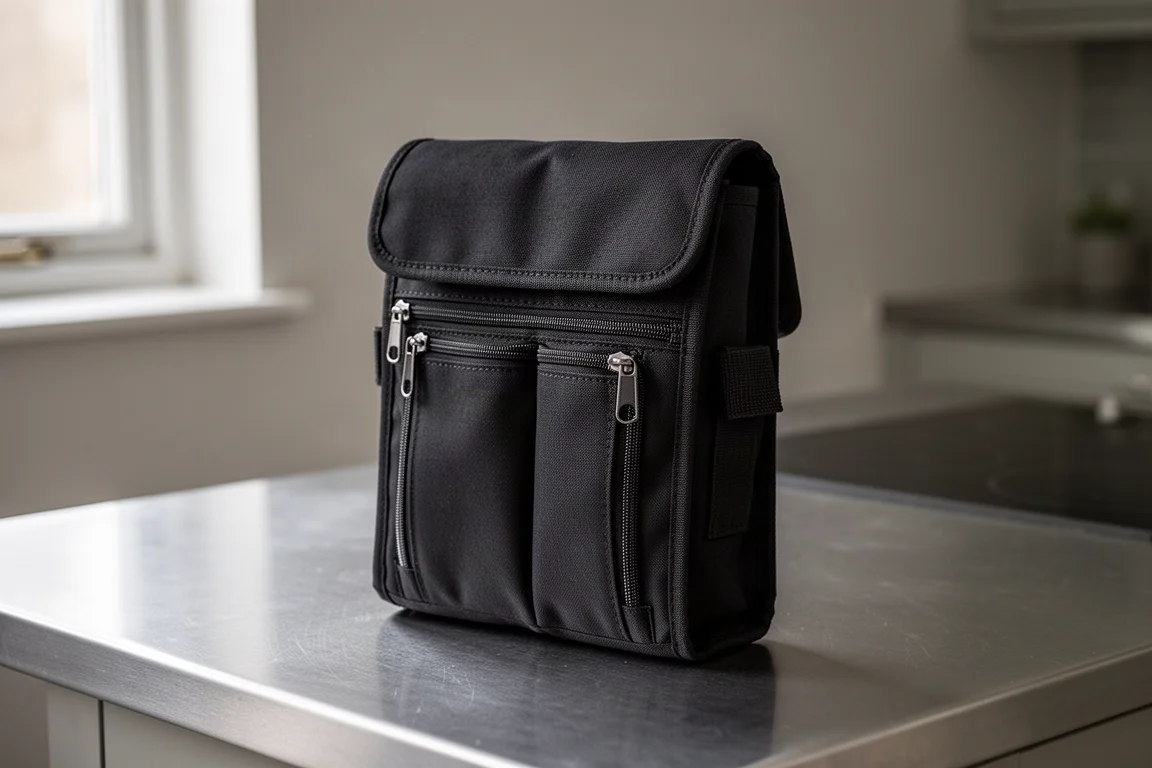 Black durable fabric knife bag with zippered pockets on a kitchen counter