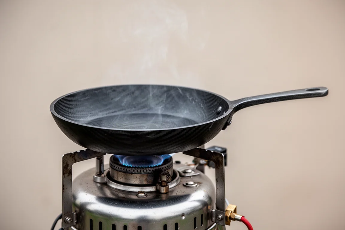 Thick forged carbon steel frying pan heating on an outdoor propane burner