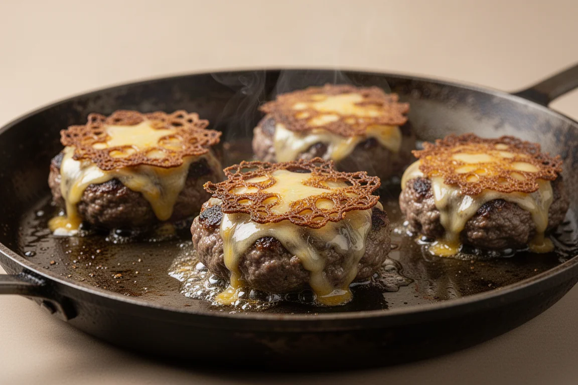 Smash burgers cooking with crisp lacy edges on a dark steel pan