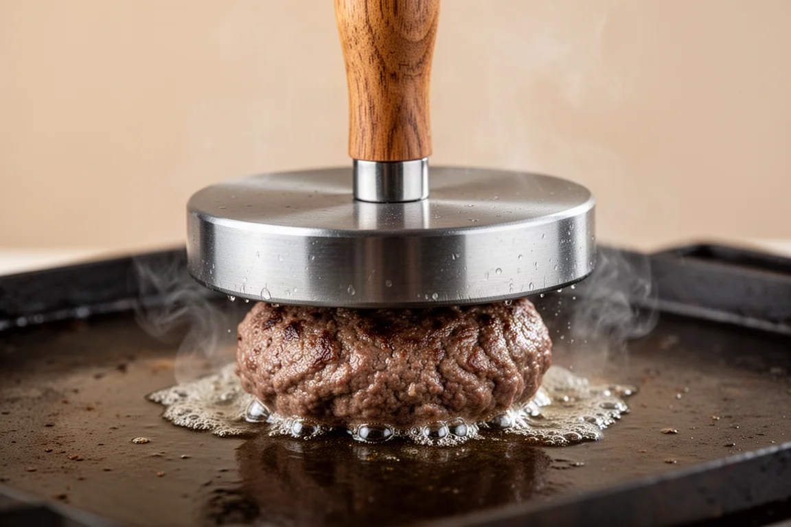 Heavy steel burger press flattening a beef ball on a hot pan