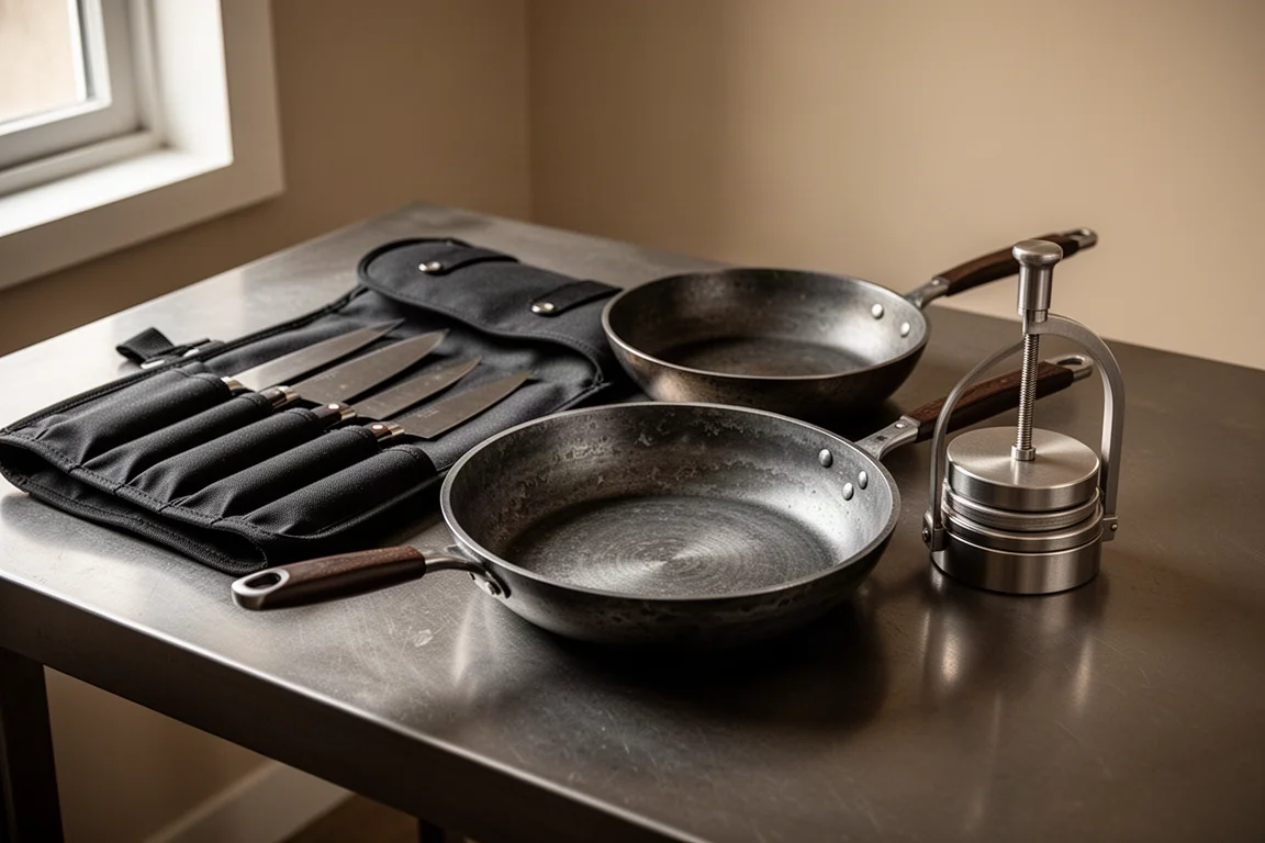 Knife bag, forged steel pan, and burger press arranged on a dark steel work surface