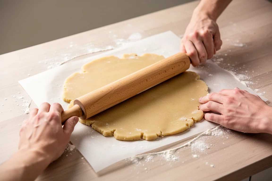 Hände rollen Keksteig auf Backpapier mit einem hölzernen Nudelholz aus
