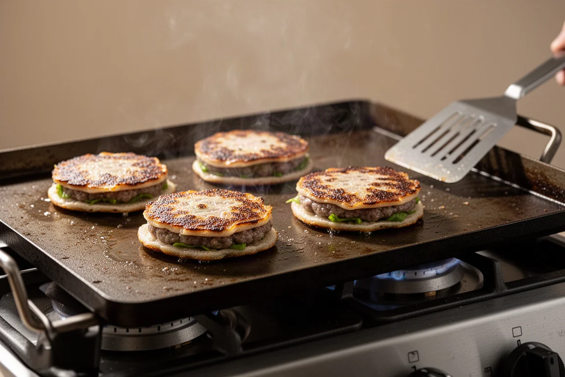 Smash-Burger braten auf einer heißen Herd-Grillplatte mit sichtbarem Dampf