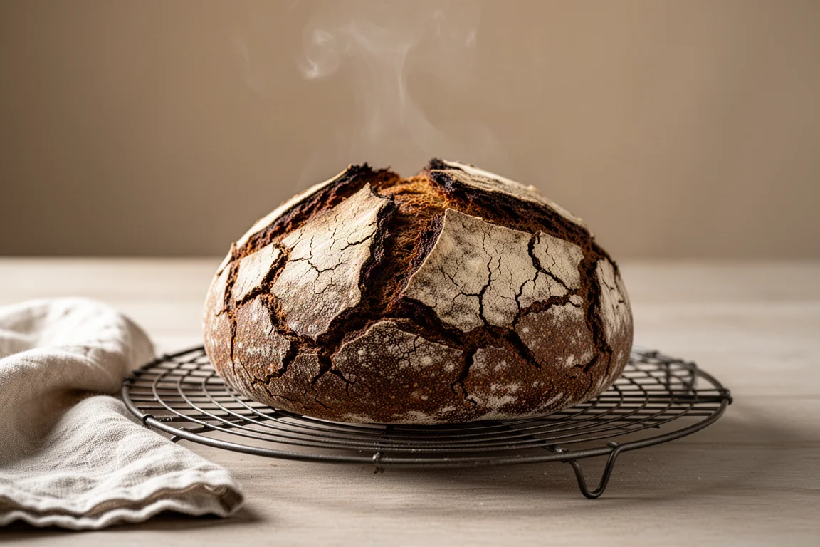 Frisch gebackenes rundes Sauerteigbrot kühlt auf einem Abkühlgitter