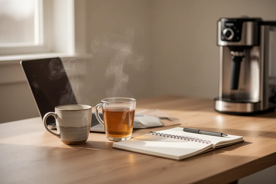 Eine Tasse Tee wird neben einem Laptop auf einem Heimoffice-Schreibtisch eingeschenkt