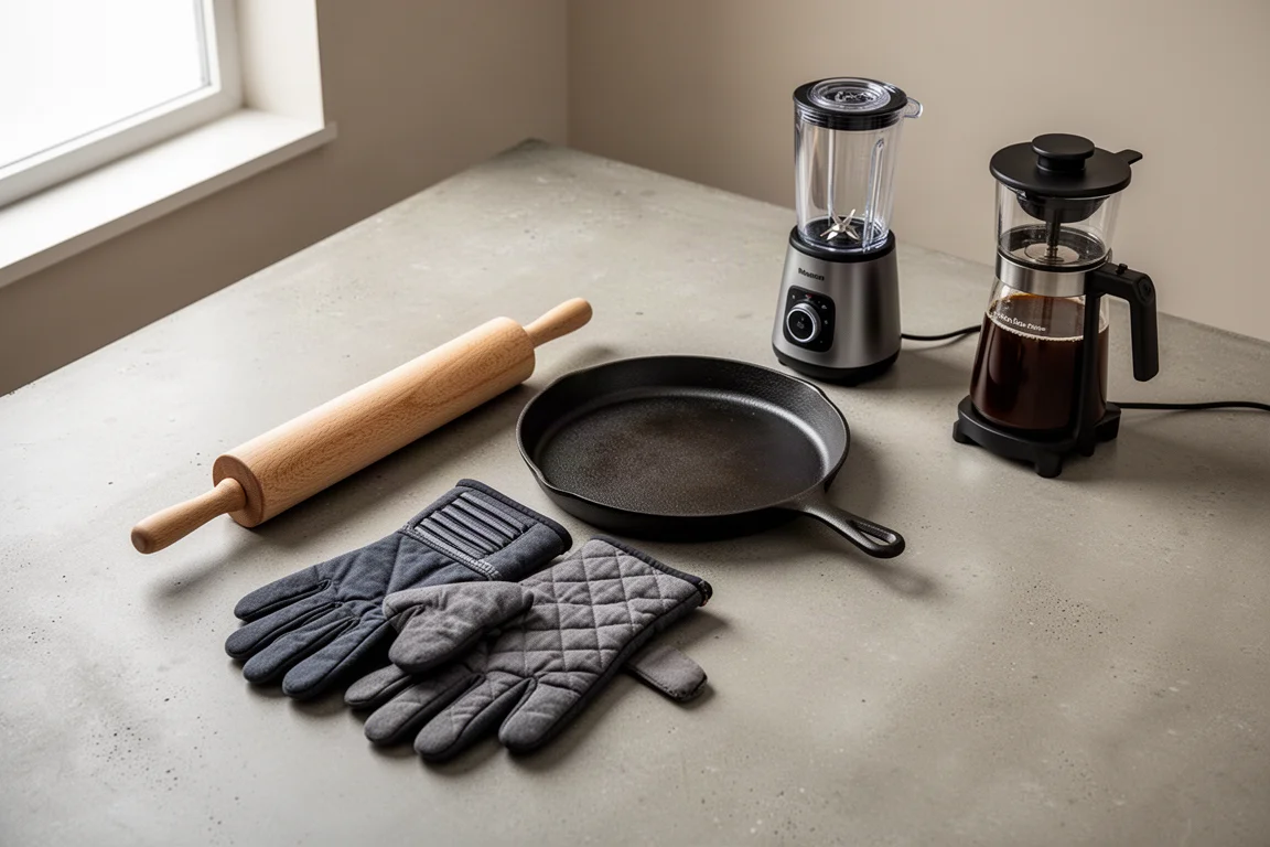 Curated flat arrangement of kitchen gear including rolling pin, gloves, griddle, blender, and cold brew system