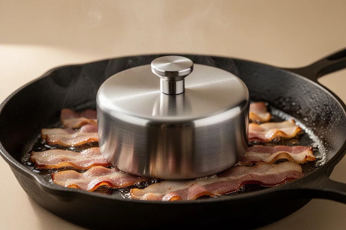 Press i rostfritt stål håller bacon platt i en het stekpanna