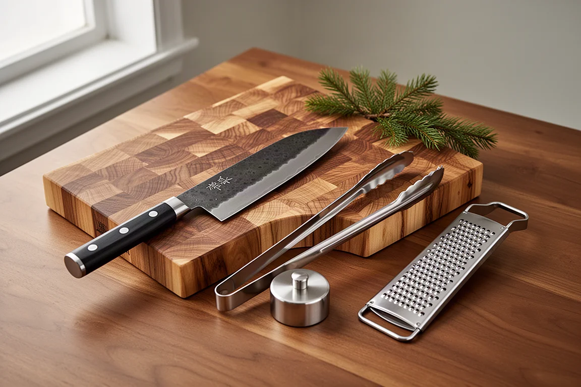 Kitchen gift flat-lay with chef's knife, cutting board, tongs, press weight, and grater on wood surface