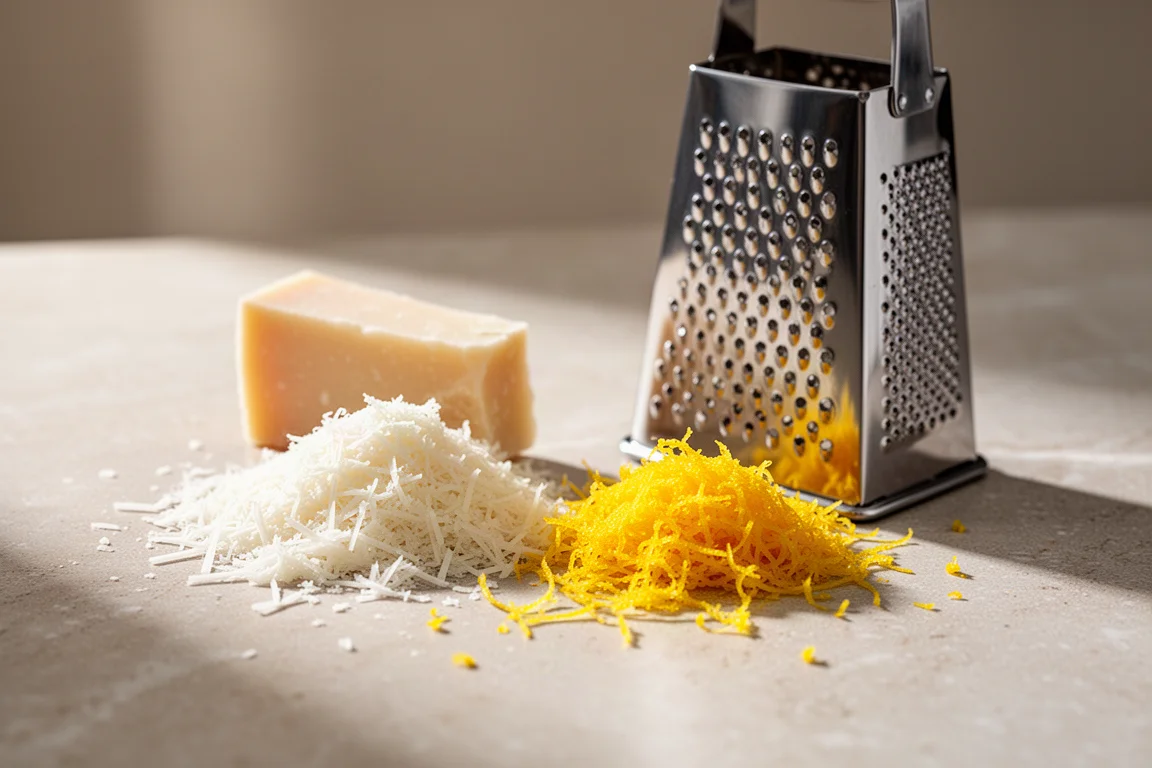 Frisch geriebener Parmesan und Zitrusabrieb neben einer Reibe auf der Küchenarbeitsplatte
