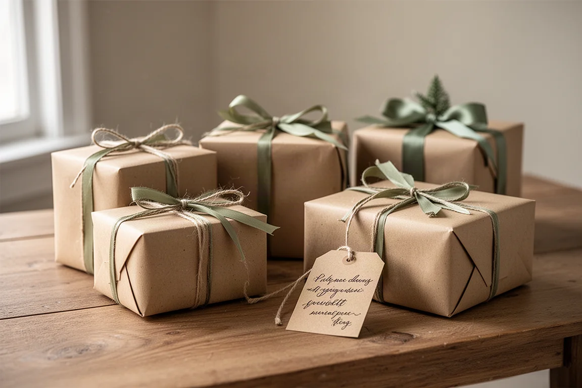 Eingepackte Küchengeschenke mit Schleifenband und Kraftpapier auf einem Tisch arrangiert