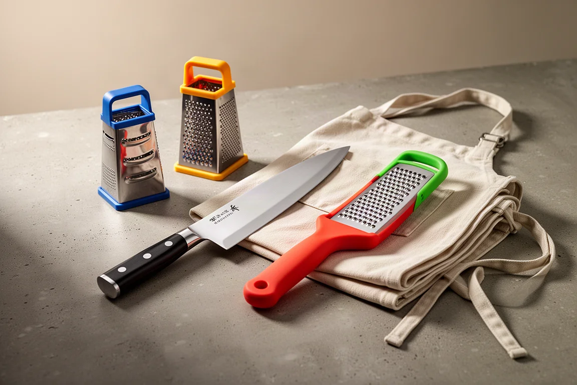 Chef knife, grater, and folded apron arranged on a concrete surface