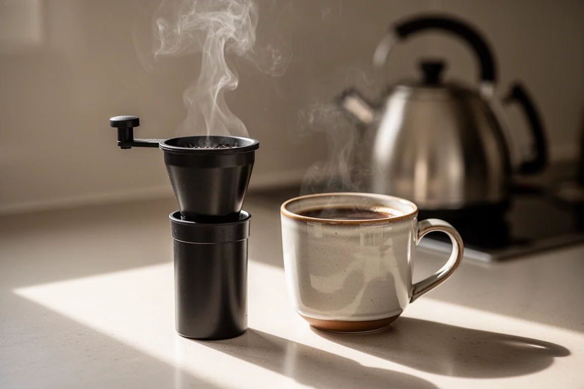 Cafetera compacta sobre una encimera junto a una taza con luz matinal