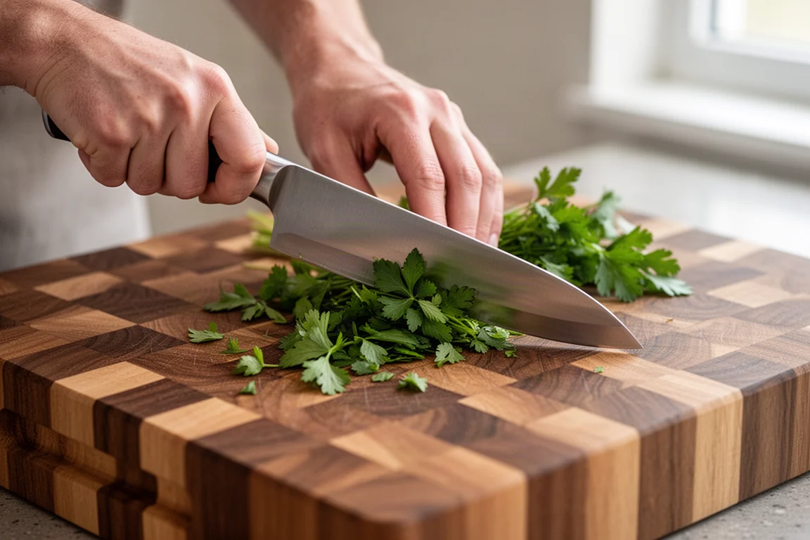 Cocinero deslizando un cuchillo de chef sobre una tabla de corte de grano cruzado