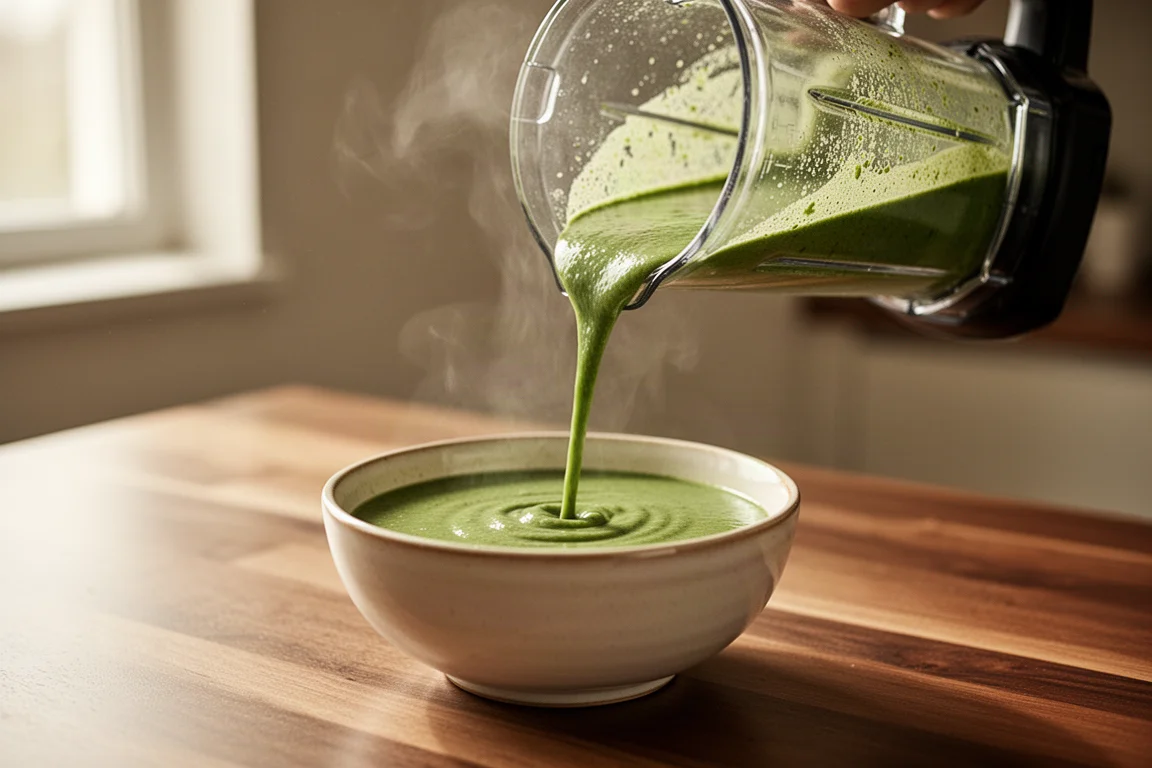Seidenmähige cremige Suppe wird aus dem Mixbehälter in eine Schüssel gegossen