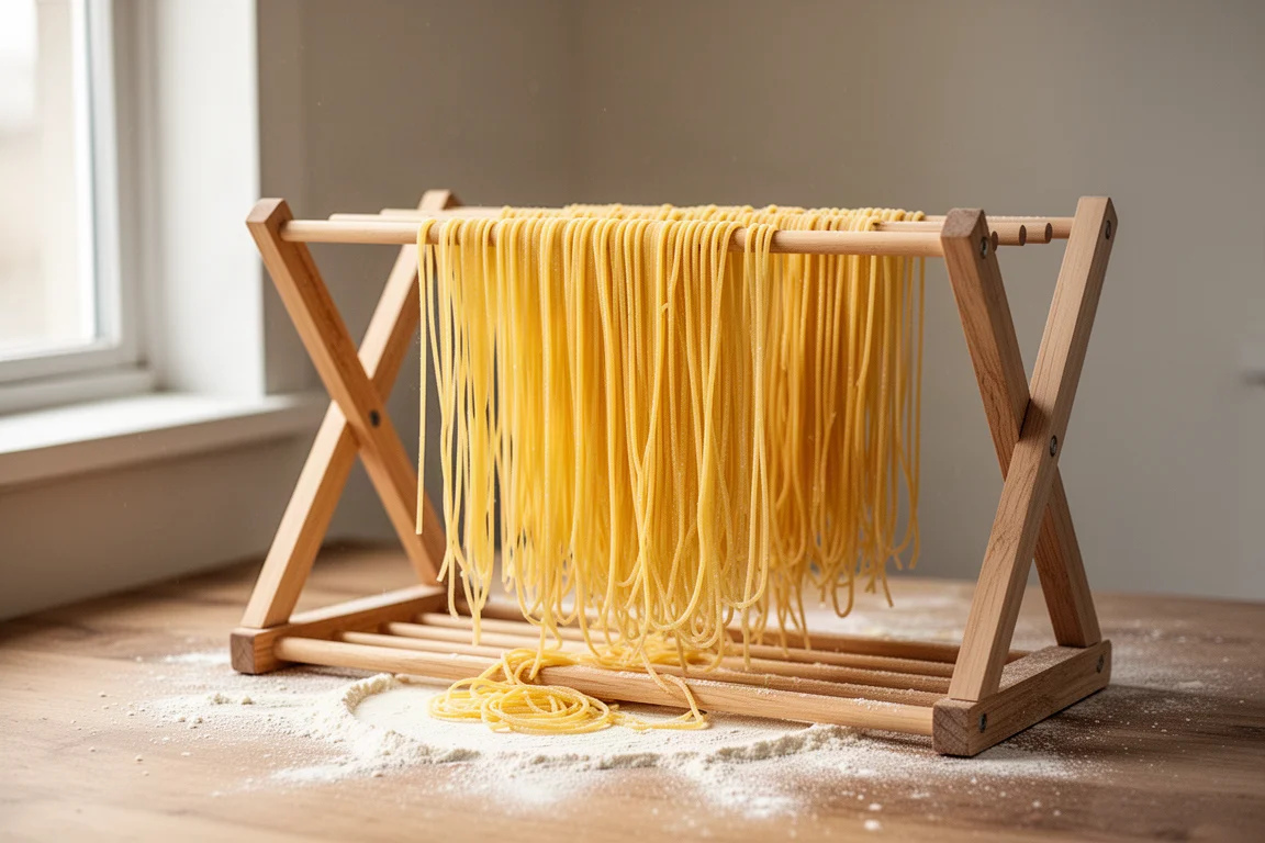 Frisch gepresste Spaghetti aus der Nudelmaschine trocknen an einem Trockengestell