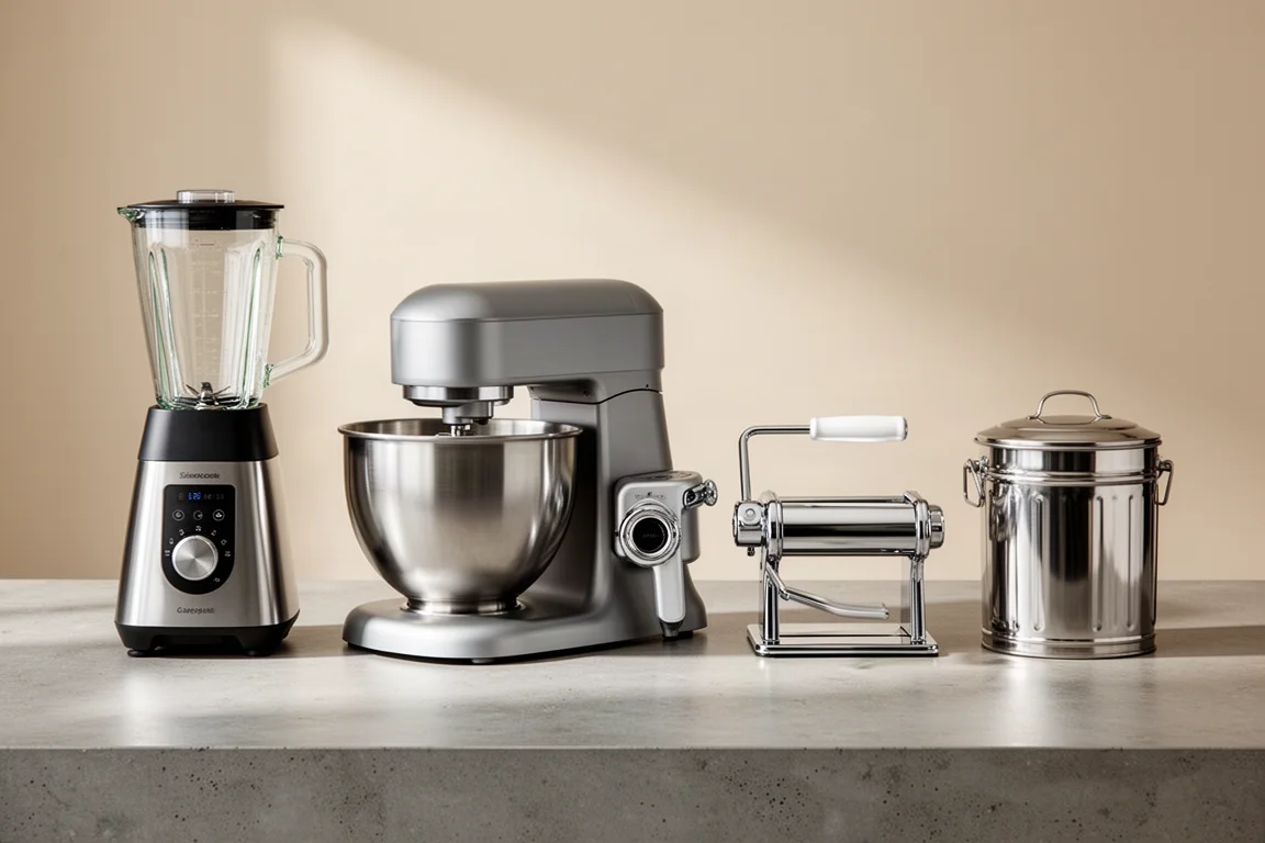 Lineup of five kitchen tools including a blender, stand mixer, pasta machines, and compost bucket on a concrete counter
