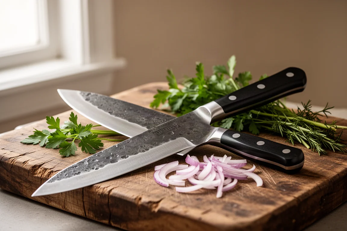 Forged chef's knife with thick blade resting on a wooden cutting board