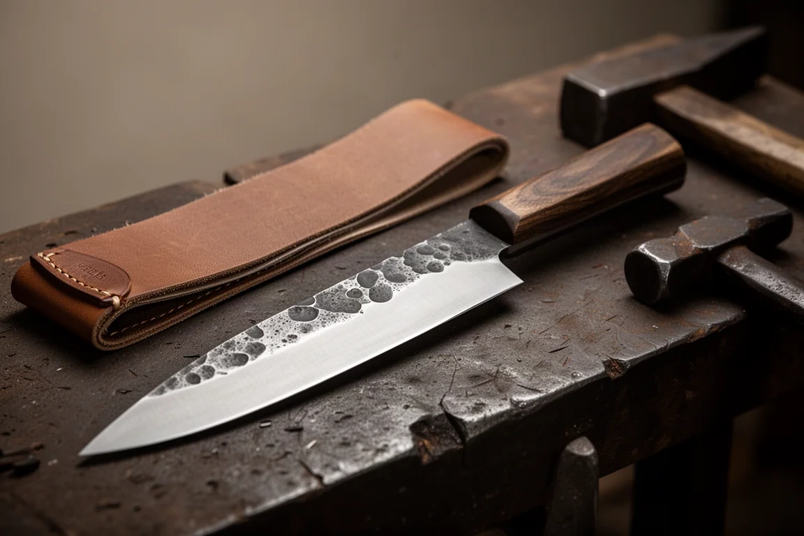 Hand-forged blade with hammer marks on an artisan workbench